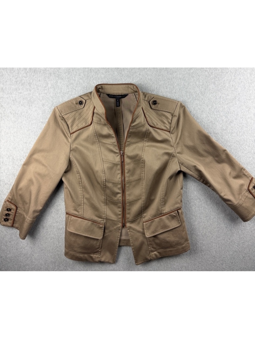 WHBM Size 8 Tan Cropped Military Jacket Moto Zip Piping